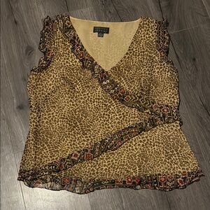 🩷Spenser Jeremy Tan Cream Sleeveless Wrap Blouse Mob Wife Cruise Vacation Ready